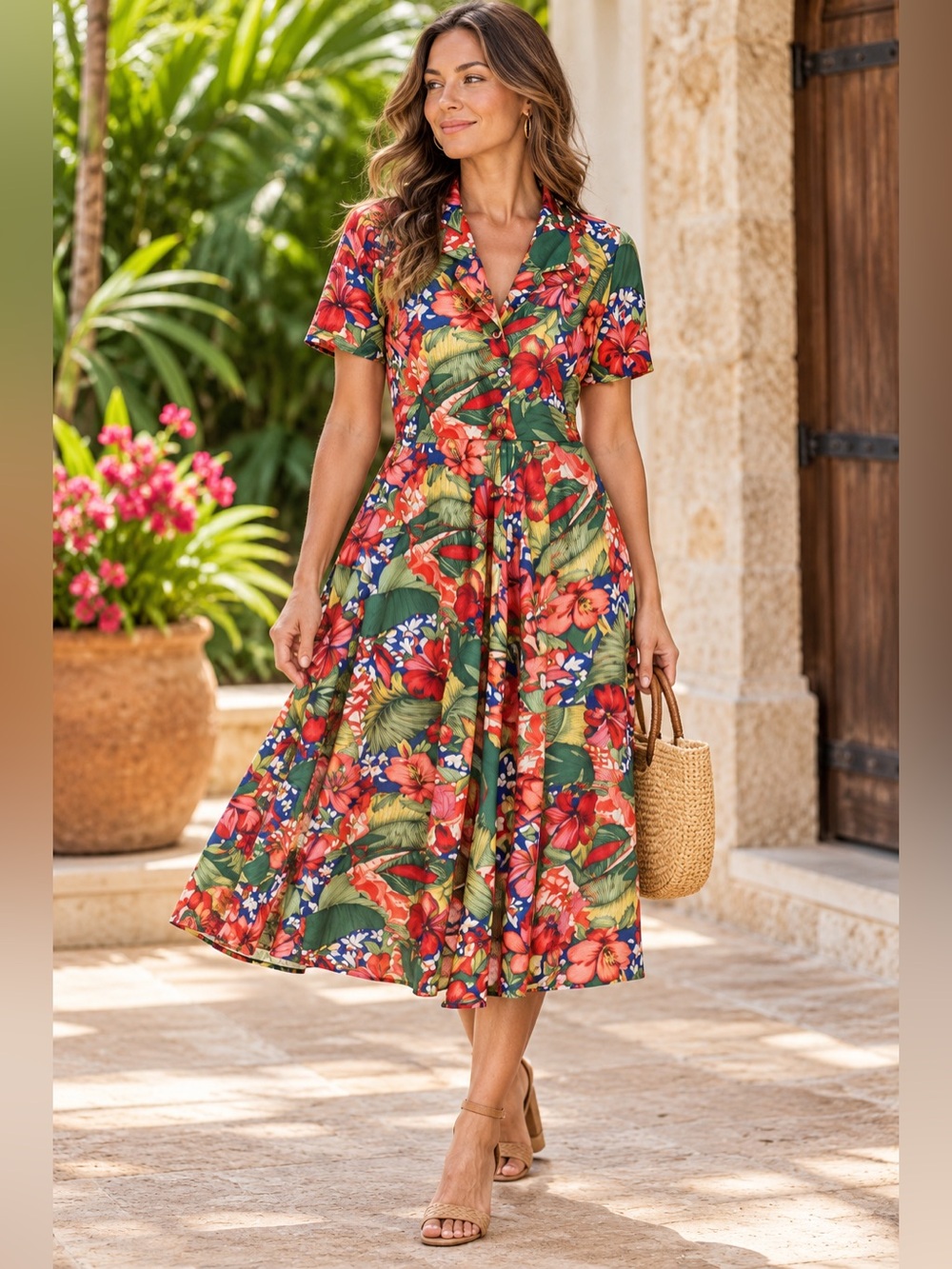 Carol Anderson Vintage Tropical Floral Button Front Midi Shirt Dress Petite 8